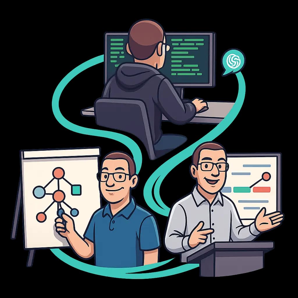 Illustration of Uwe in three roles: at the top, he is working on a computer with green code on the screen, symbolically supported by an AI. At the bottom left, he explains a network diagram on a flipchart, and at the bottom right, he gives a presentation with a progress chart. The scenes are connected by flowing lines, representing the seamless transition between technology, planning, and communication.