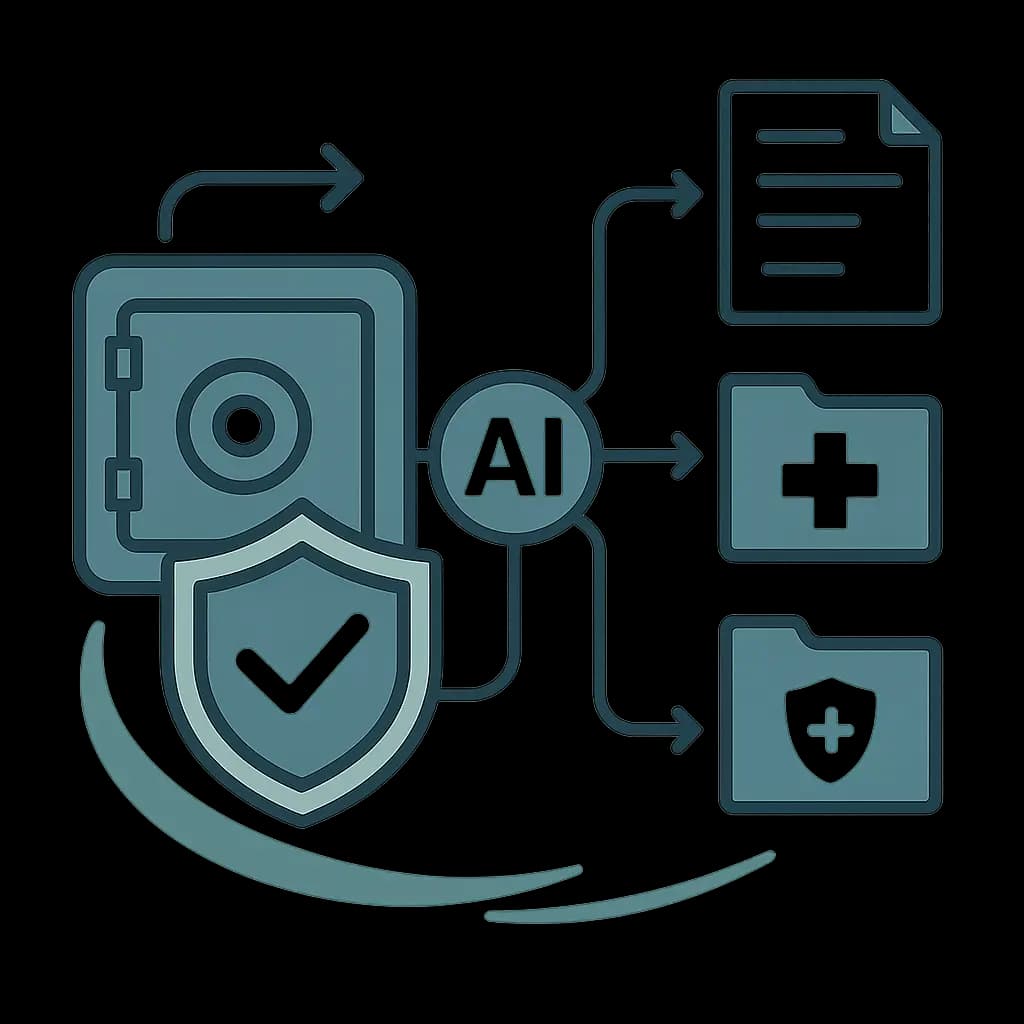 Illustration zu KI-gestützten Workflows in der Fallbearbeitung: sicherer Datenspeicher, KI-Entscheidungsknoten und Fallakten, die durch eine optimierte Prozesskette laufen.