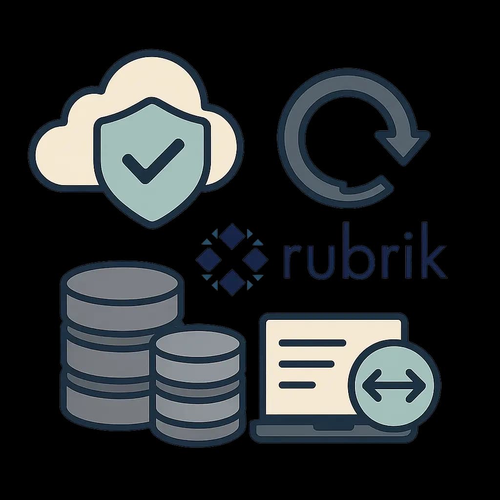 Illustration zur Backup-Modernisierung mit Rubrik: Zu sehen sind Symbole für Cloud-Speicherung mit Sicherheitsschild, Datenbanken, ein Wiederherstellungspfeil, ein Laptop mit Integrationssymbol sowie das Rubrik-Logo. Die Grafik steht für moderne Datensicherung, schnelle Wiederherstellung und nahtlose Systemintegration.