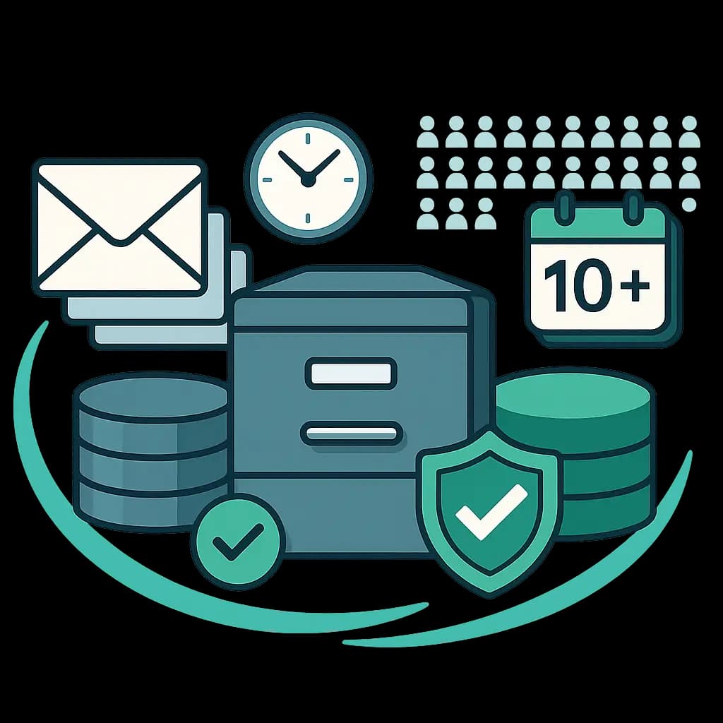 Symbolgrafik zum rechtssicheren E-Mail-Archiv: Zu sehen sind ein E-Mail-Symbol, zwei Datenbankstapel, ein Aktenschrank, eine Uhr, ein Kalender mit der Aufschrift „10+“ sowie ein Schutzschild mit Haken. Die Illustration steht für langfristige, unveränderbare E-Mail-Aufbewahrung, Sicherheit und Compliance für über 50.000 Nutzer.