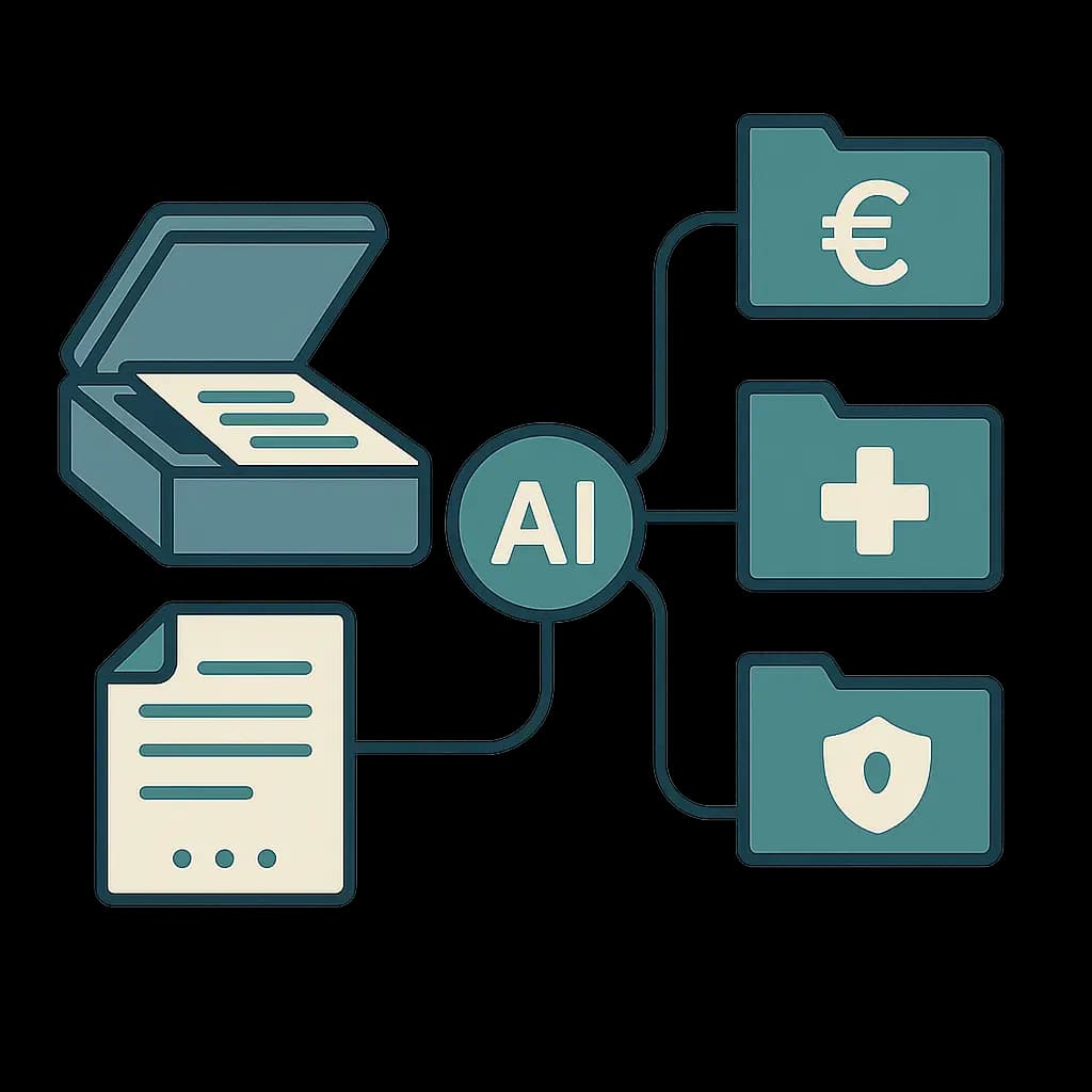 Illustration zur Dokumentenerfassung und KI-Kategorisierung: Ein Scanner, digitalisierte Dokumente, KI-Knoten, die mit Ordnersymbolen verbunden sind, sowie kategorisierte Labels wie 'Finanzen', 'Gesundheit' und 'Versicherung'. Die Grafik steht für automatisierte Dokumentenverarbeitung und intelligente Organisation.