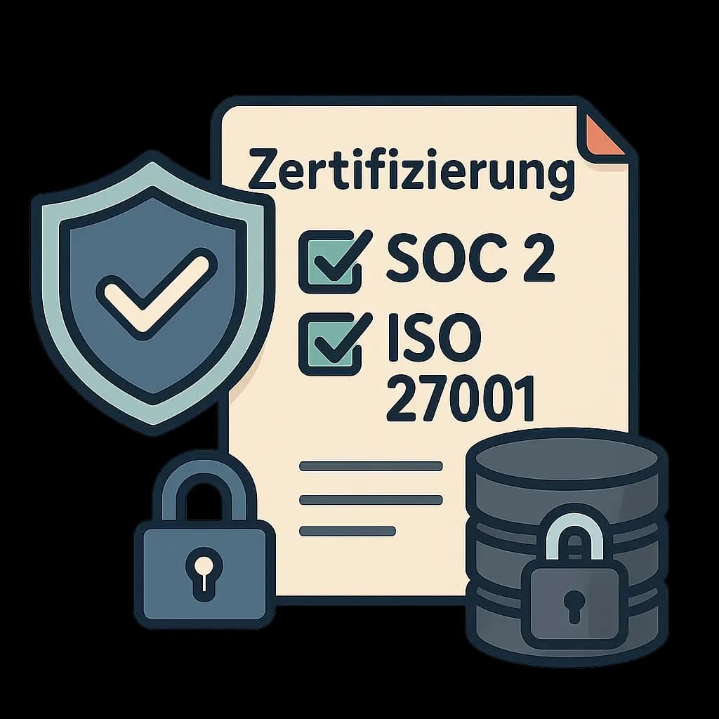 Illustration zur Darstellung der SOC 2- und ISO 27001-Zertifizierung: Zu sehen sind ein Zertifizierungsdokument mit Häkchen bei „SOC 2“ und „ISO 27001“, ein Sicherheitsschild, ein Vorhängeschloss und ein gesichertes Datenbanksymbol. Die Grafik steht für Informationssicherheit, Compliance und revisionssichere Datenverarbeitung.