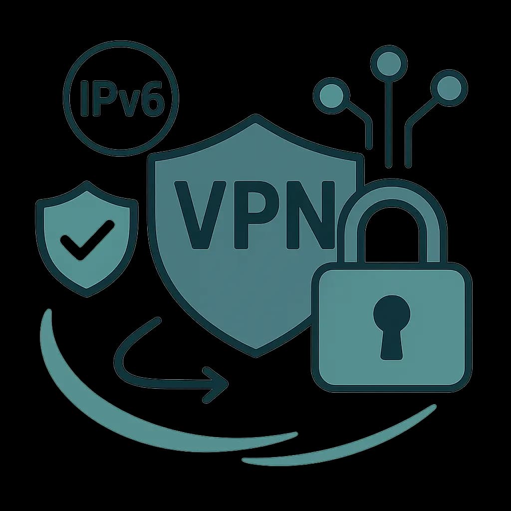 Symbolgrafik für ein Zero-Config-VPN: Vernetzte, geschützte Geräte, die über ein globales IPv6-Netzwerk verbunden sind, mit Schloss-Symbolen für Verschlüsselung und Auto-Config-Elementen für die nahtlose Einrichtung ohne manuelles Eingreifen.